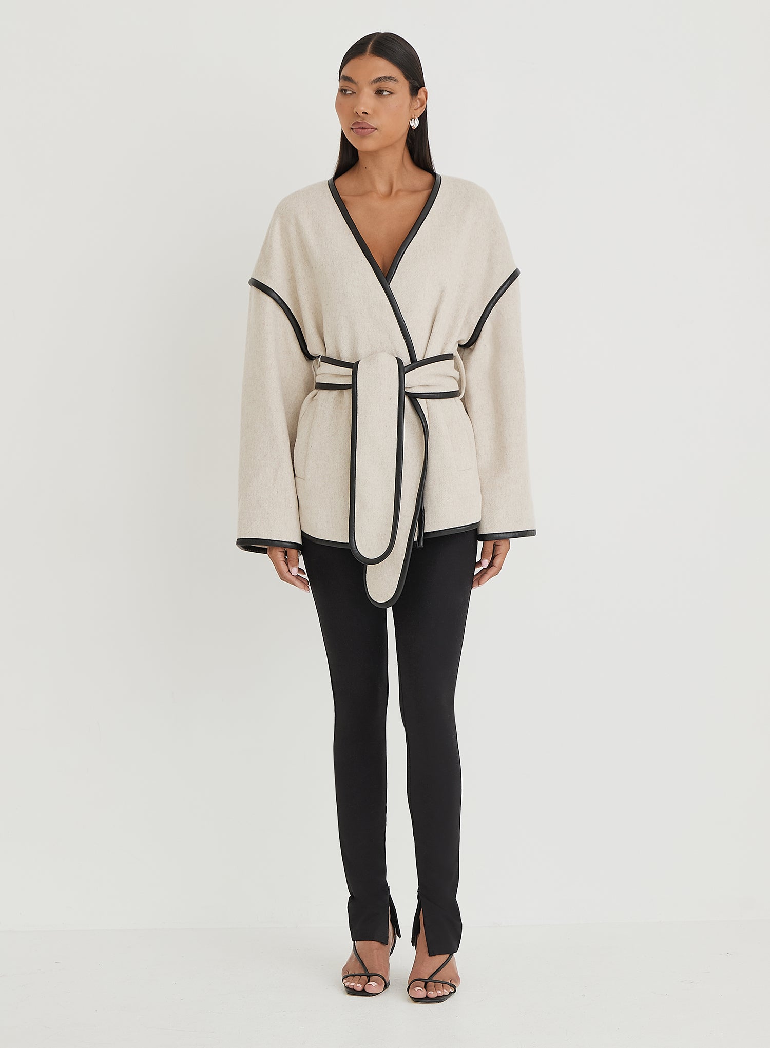 Women's Cream Wool Tie Waist Shacket|Hariette| 4th Reckless - Main Image