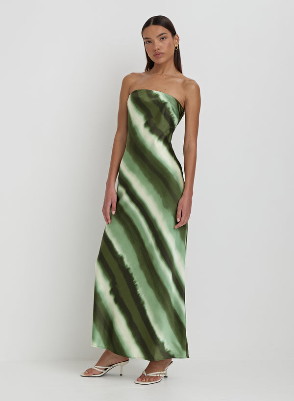 Green Printed Satin Bandeau Maxi Dress- Tessi