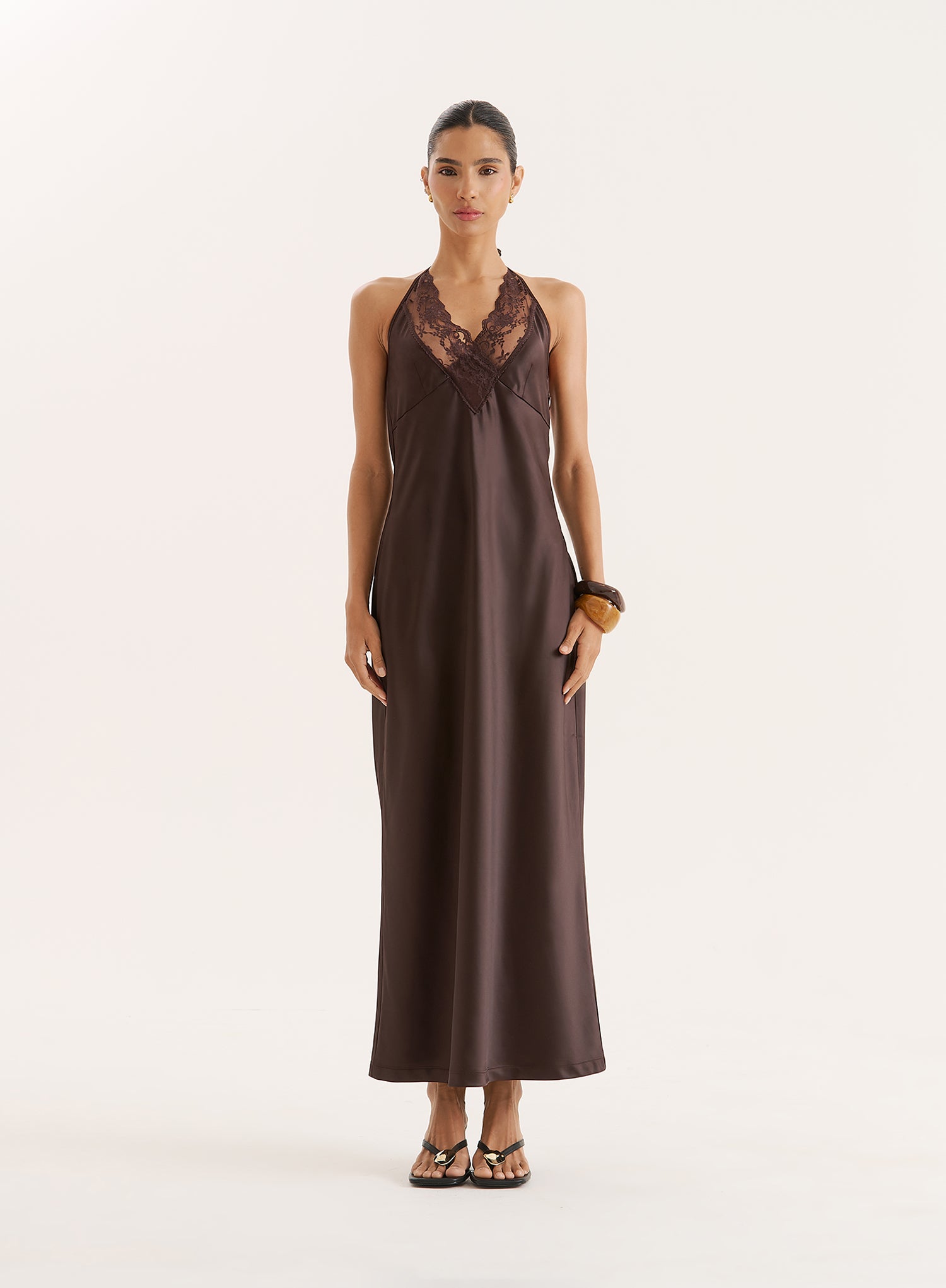 Women's Chocolate Lace Trim Halterneck Satin Maxi Dress Blair
