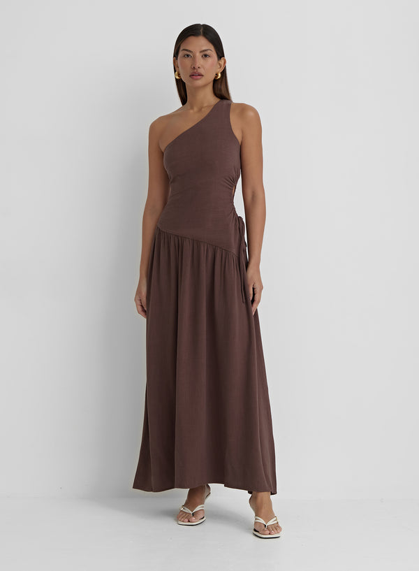 Brown Linen One Shoulder Cut Out Detail Dress- Clara