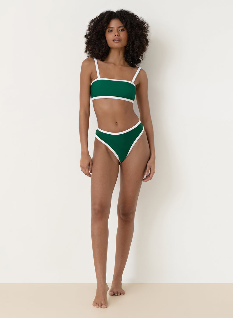 Green Contrast Trim High Leg Bikini Bottom- Cabo
