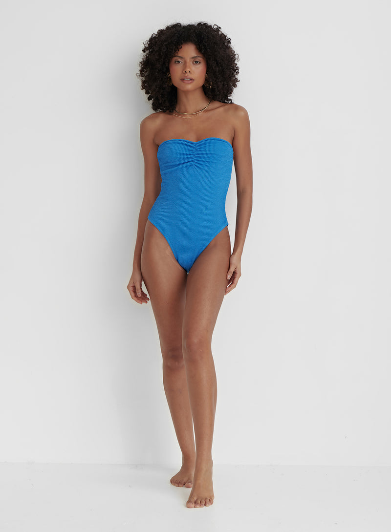 Blue Crinkle Ruched Front Bandeau Swimsuit- Sofia