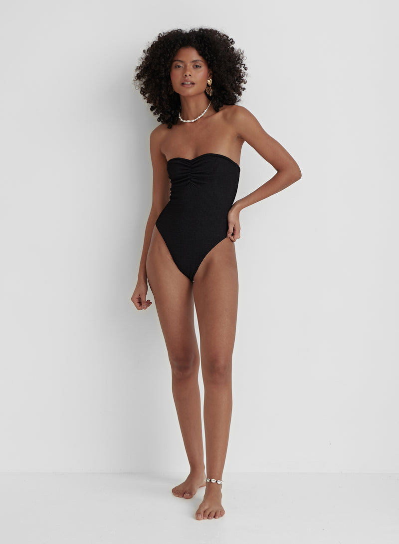 Black Crinkle Ruched Front Bandeau Swimsuit- Sofia