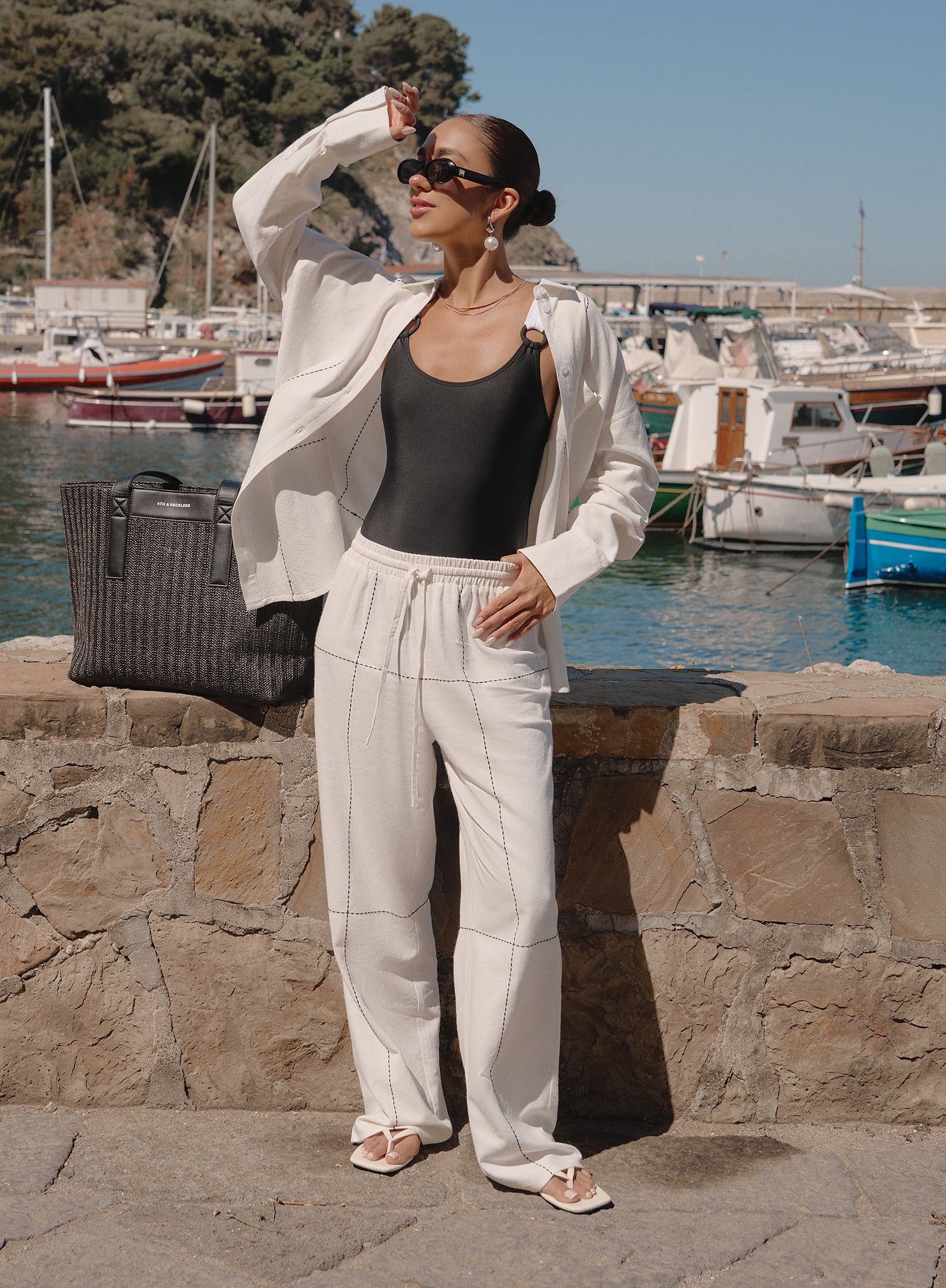 Women's Off White Contrast Stitch Linen Trouser|Genevive| 4th