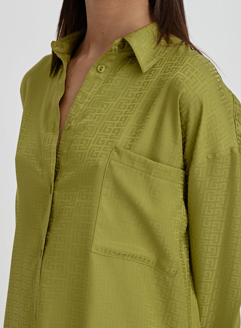 Green Jacquard Satin Print Oversized Shirt- Mimi