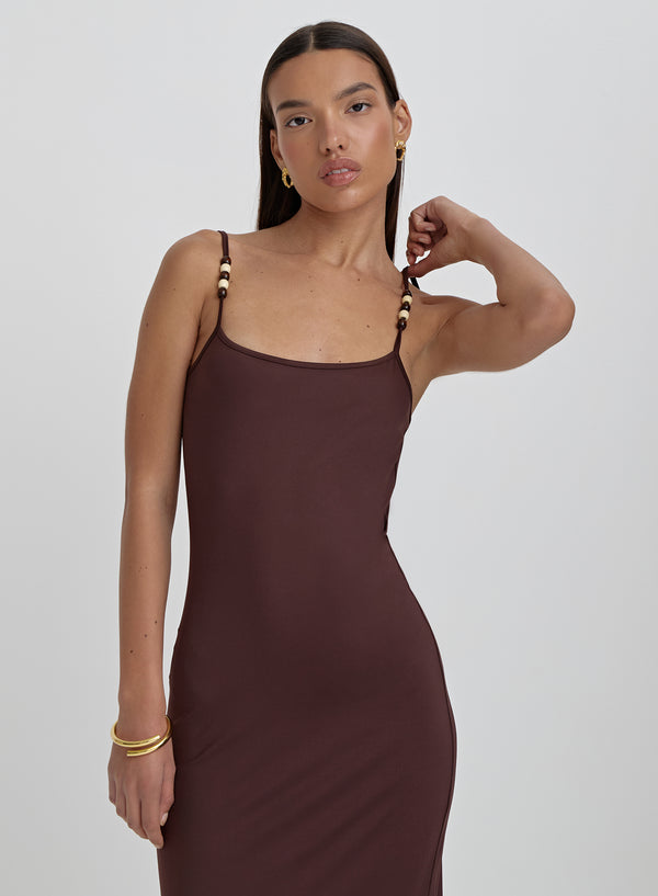 Brown Open Back Bead Detail Maxi Dress- Samira