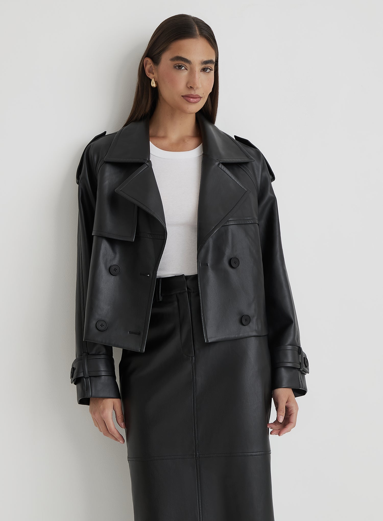 Jacket Pu Leather Trench Coat Women's Black Faux Leather Cropped