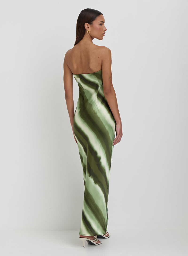 Green Printed Satin Bandeau Maxi Dress- Tessi