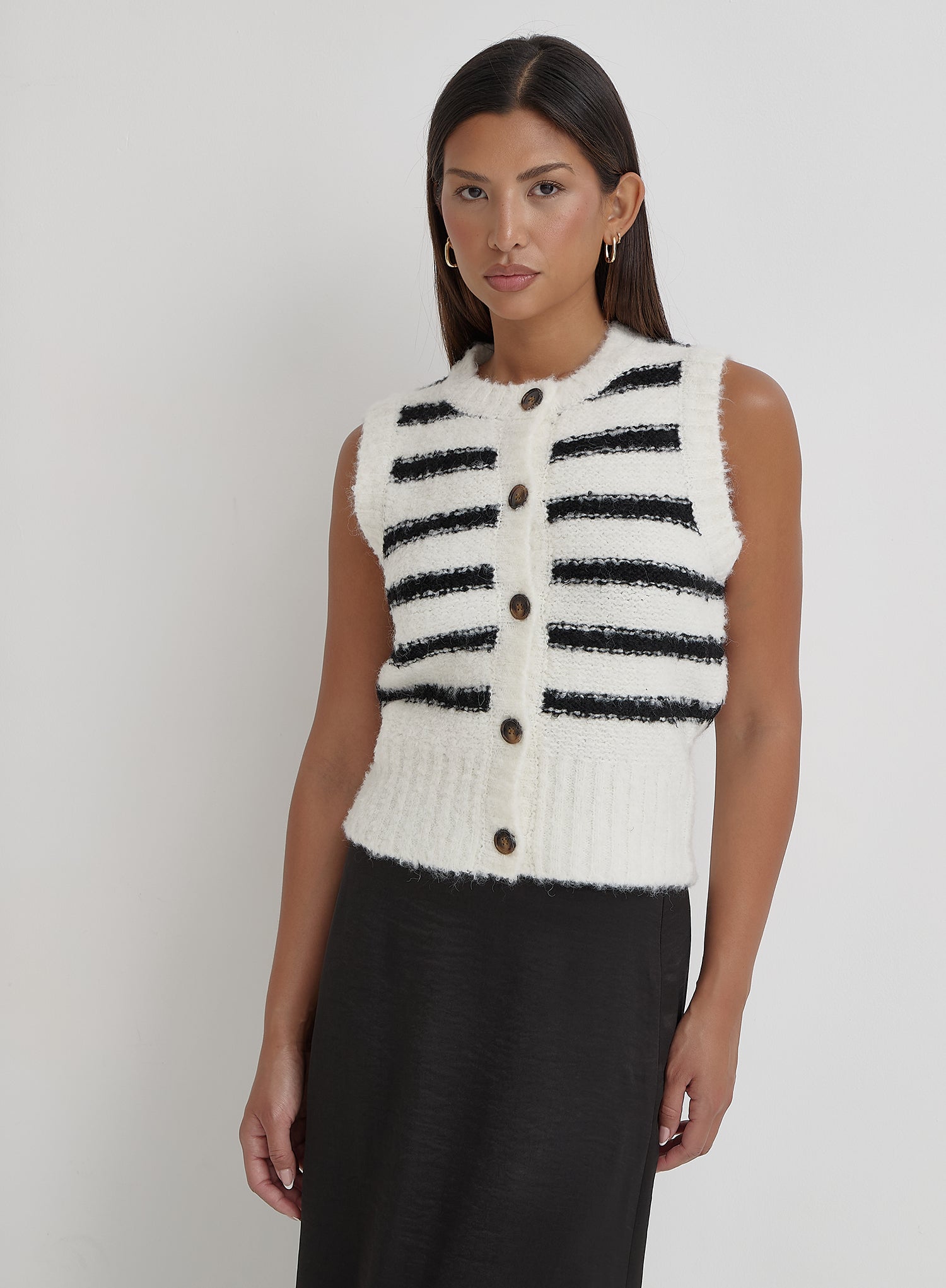 Women's Black And Cream Stripe Knitted Waistcoat Daphie 4th