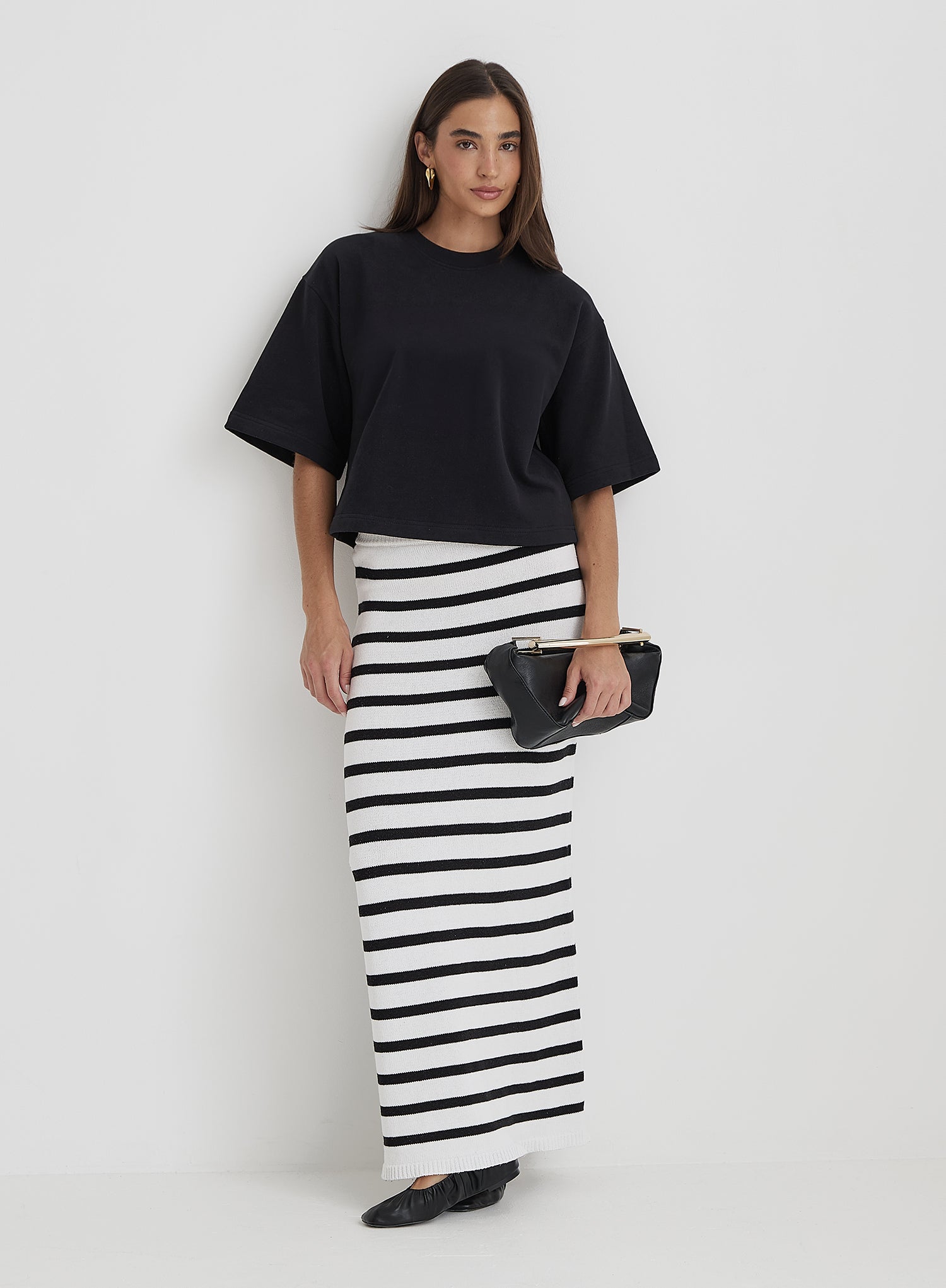 Women's Black and White Stripe Knit Maxi Skirt Rico 4th Reckless