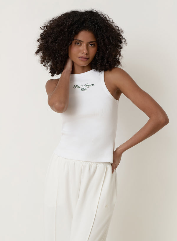 White Ribbed Embroidered Fourth Vest Top- Serena