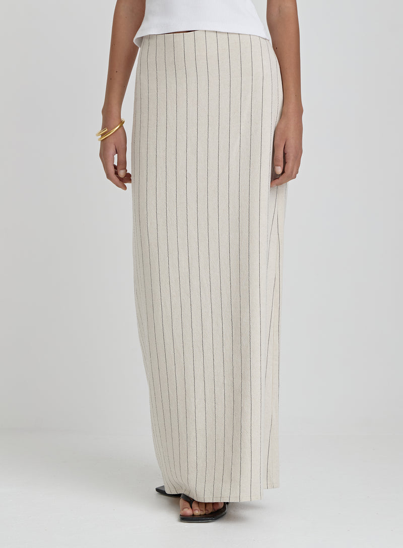 Beige Striped Linen Maxi Skirt- Alai