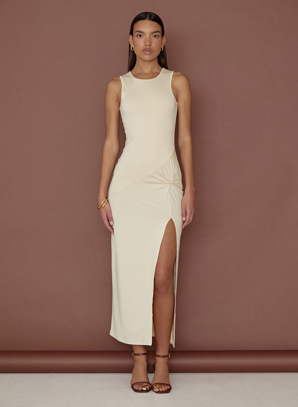 Cream Slinky Side Split Maxi Dress- Lorena