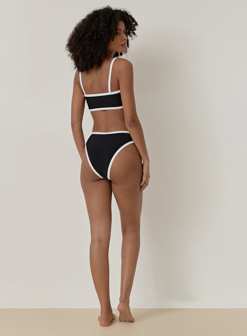 Black Contrast Trim High Leg Bikini Bottom- Cabo
