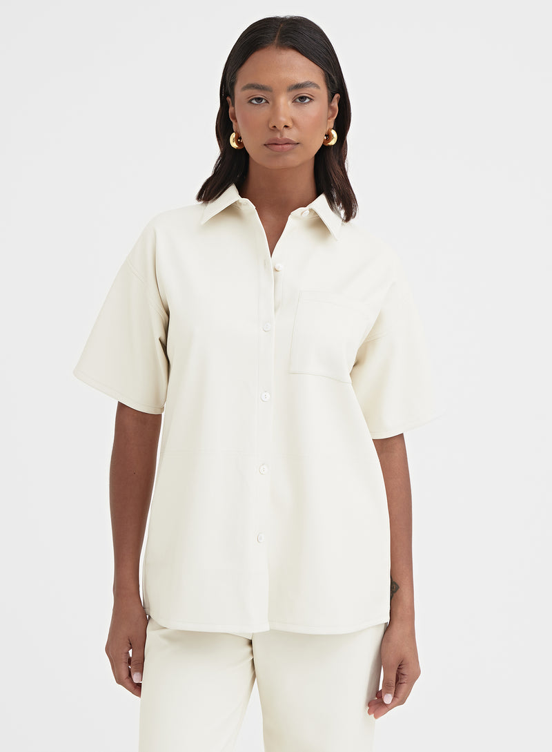 Cream Short Sleeve Faux Leather Shirt - Gabbi