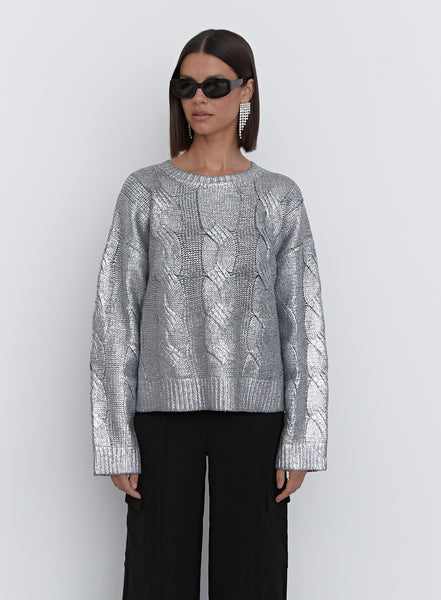 Women's Silver Metallic Cable Knit Jumper, Sinia