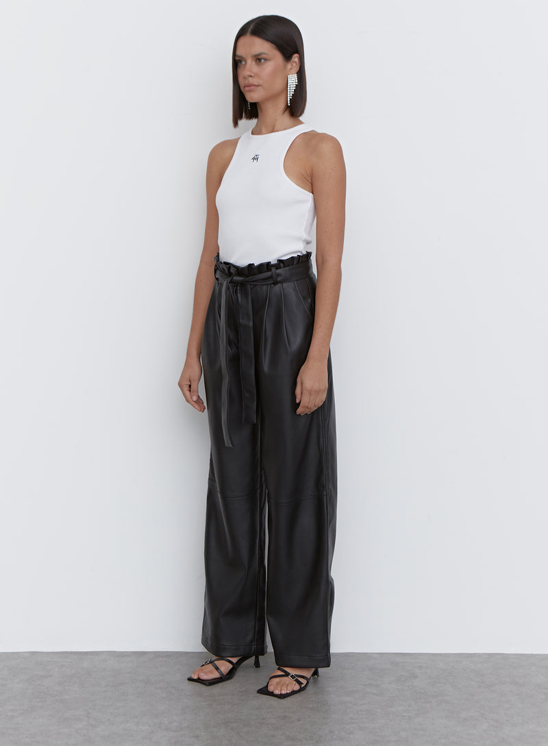 Black Faux Leather Paperbag Tie Waist Trouser - Marlow