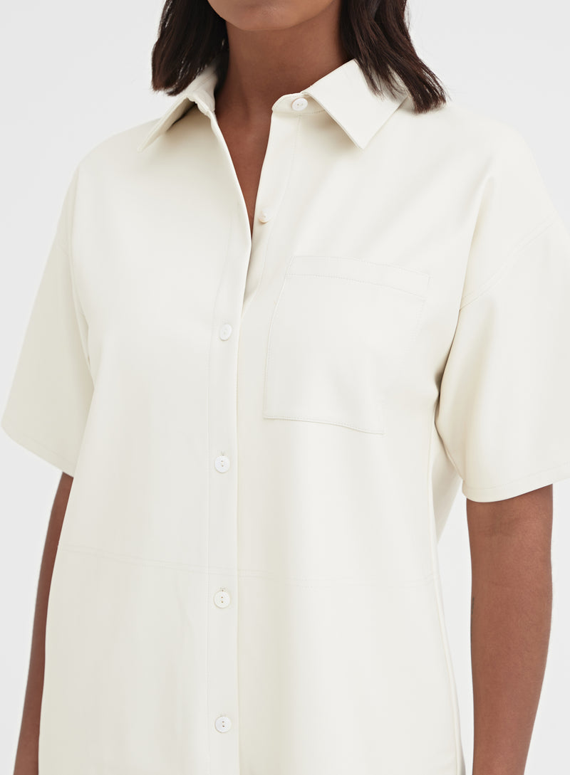 Cream Short Sleeve Faux Leather Shirt - Gabbi
