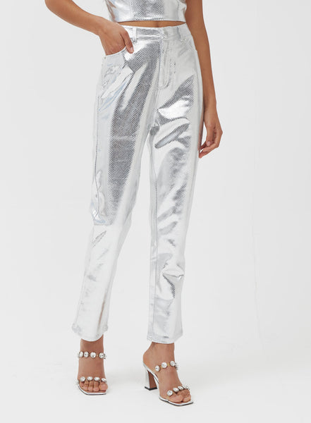 Women's Silver Metallic Faux Leather Trousers | Philo | 4th & Reckless