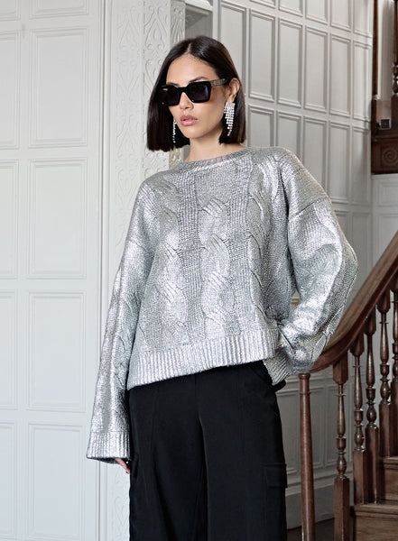 Women's Silver Metallic Cable Knit Jumper | Sinia | 4th & Reckless