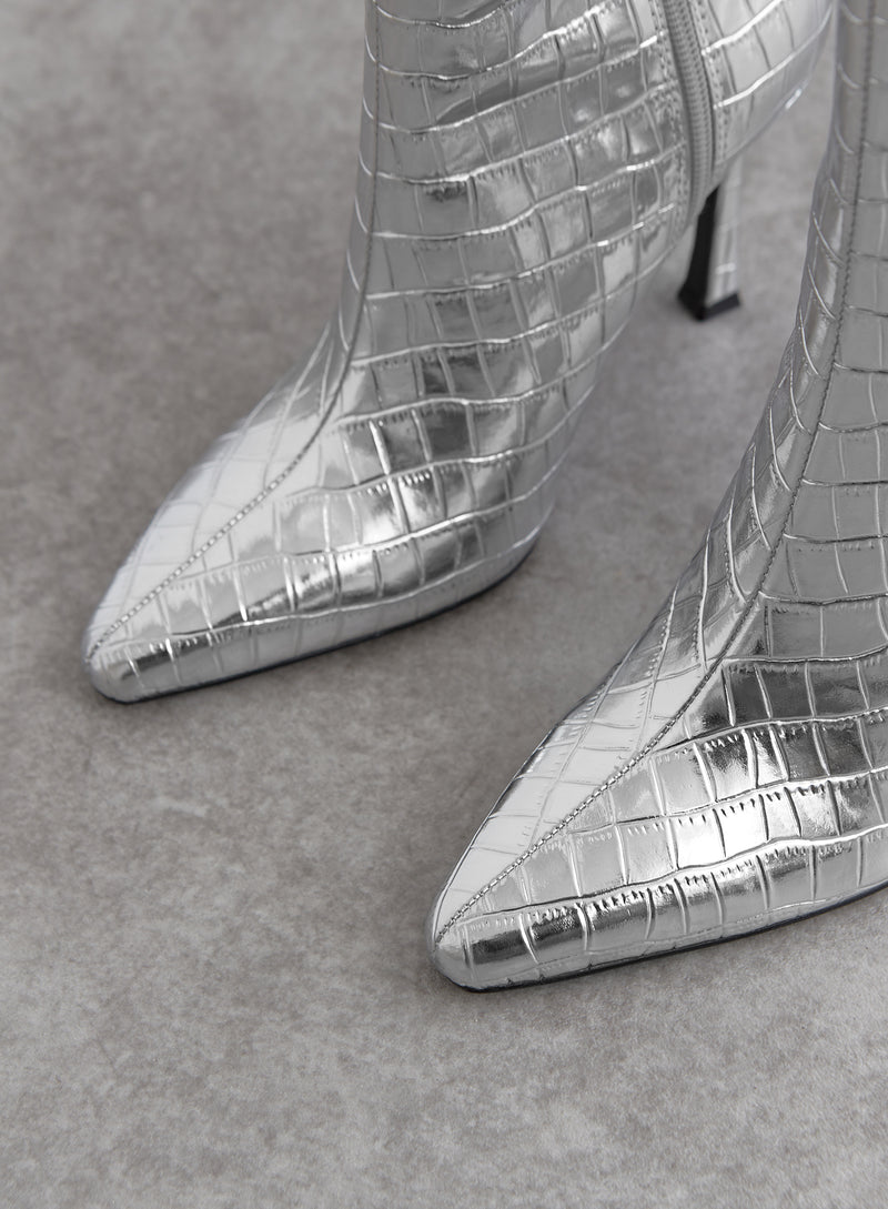 Silver Metallic Croc Knee High Heeled Boot - Amelie
