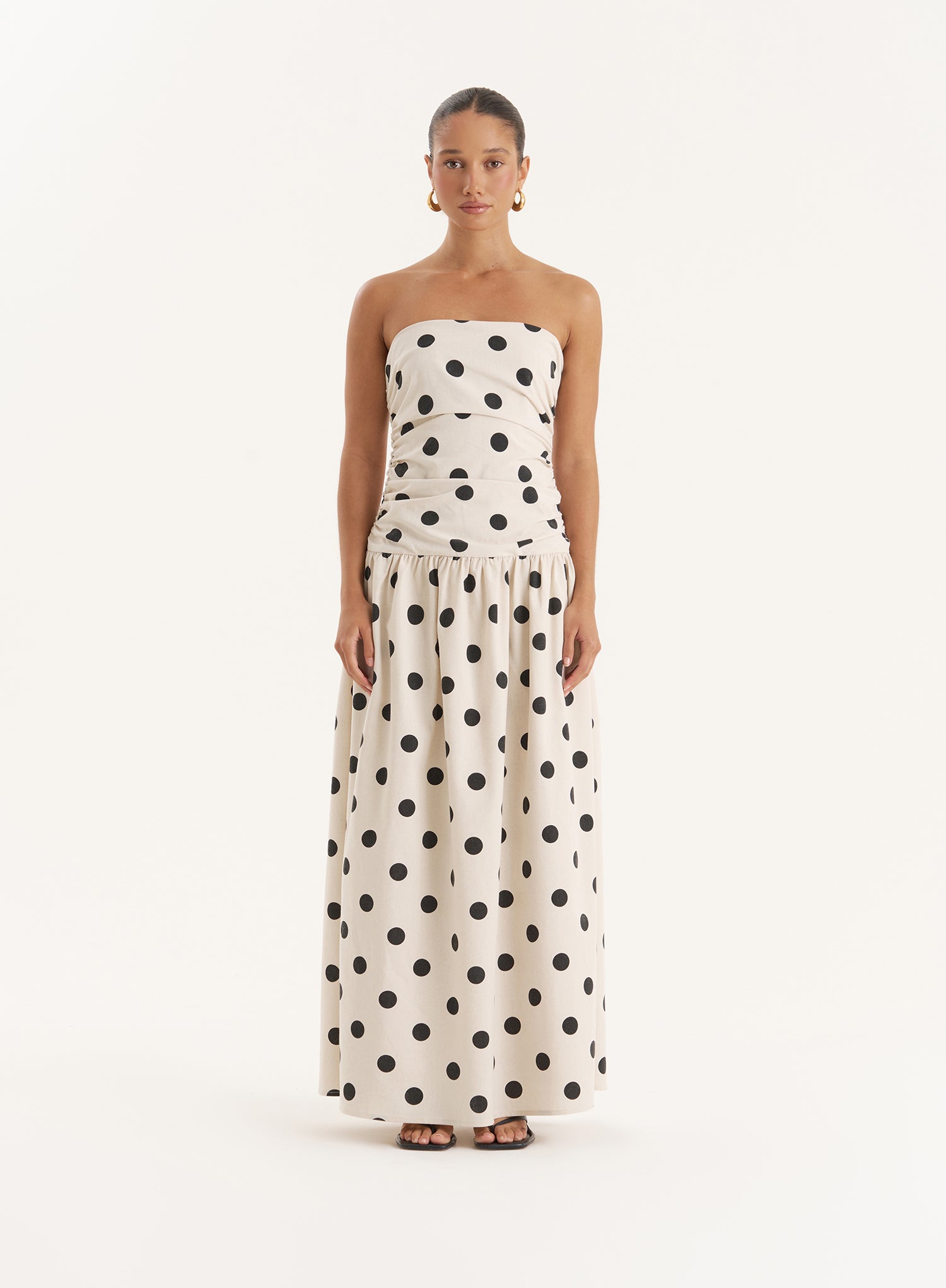 Polka Dot Linen Blend Bandeau Maxi Dress- Brona