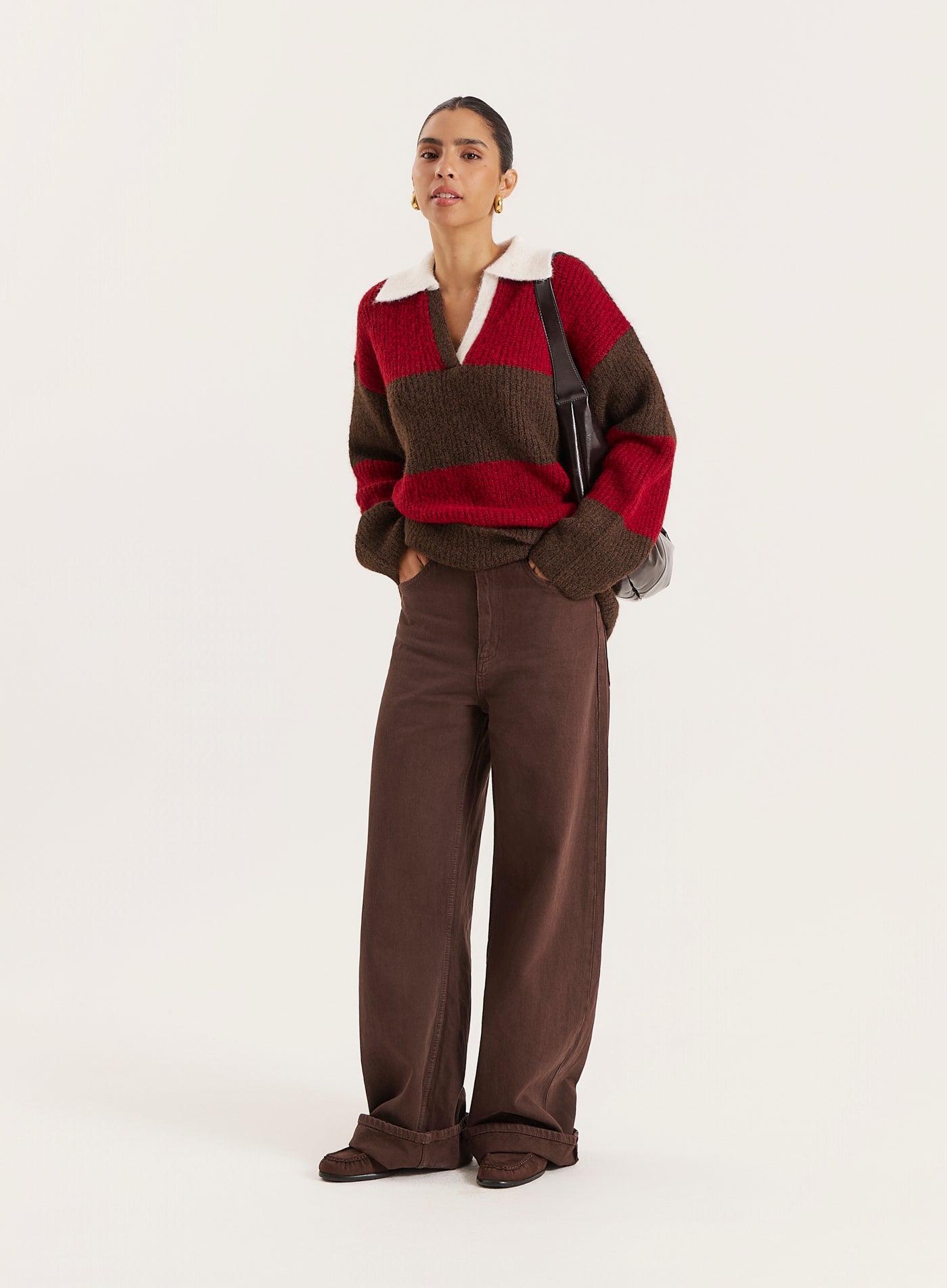 Red And Brown Striped Knitted Polo Jumper