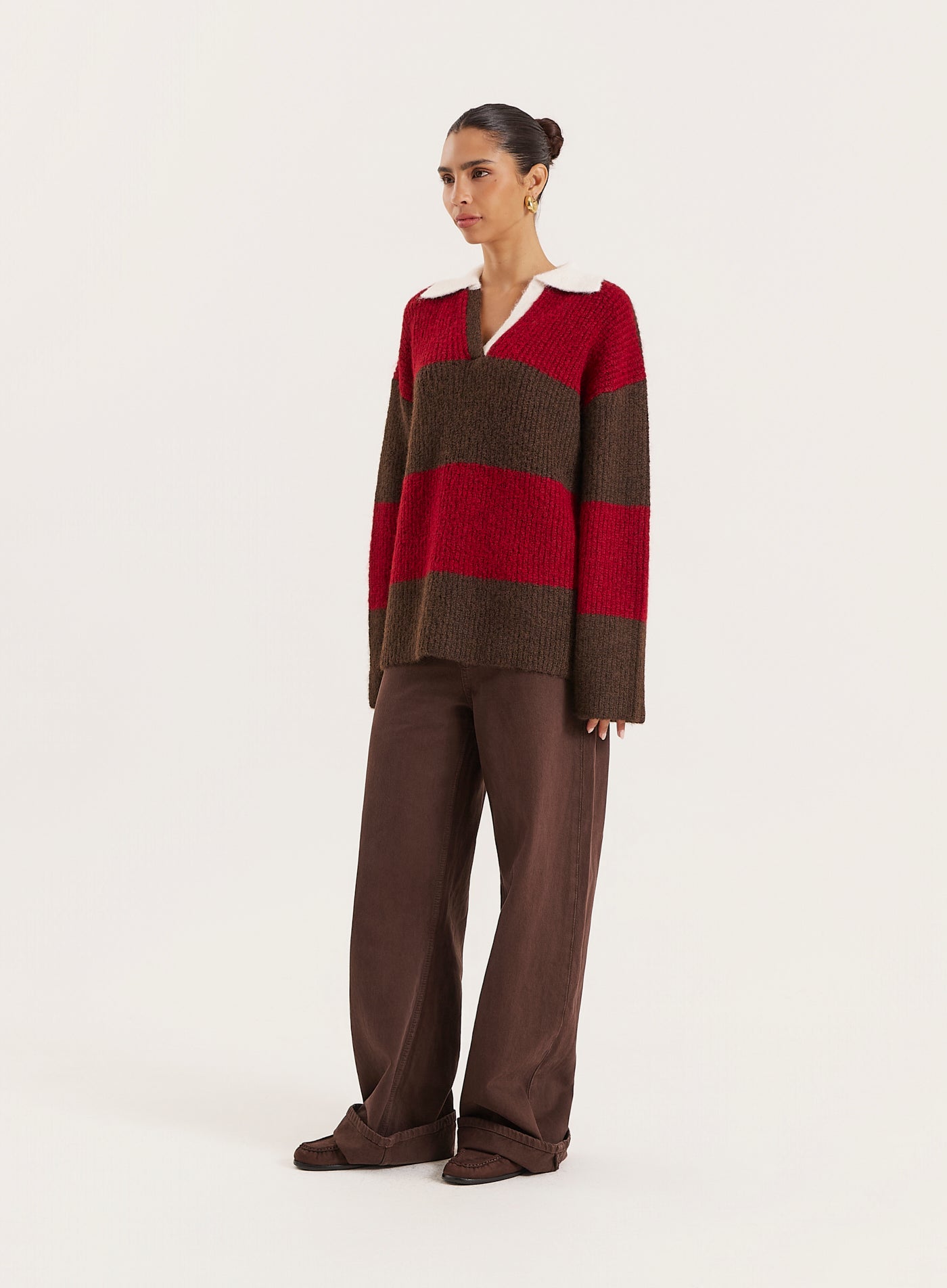Red And Brown Striped Knitted Polo Jumper