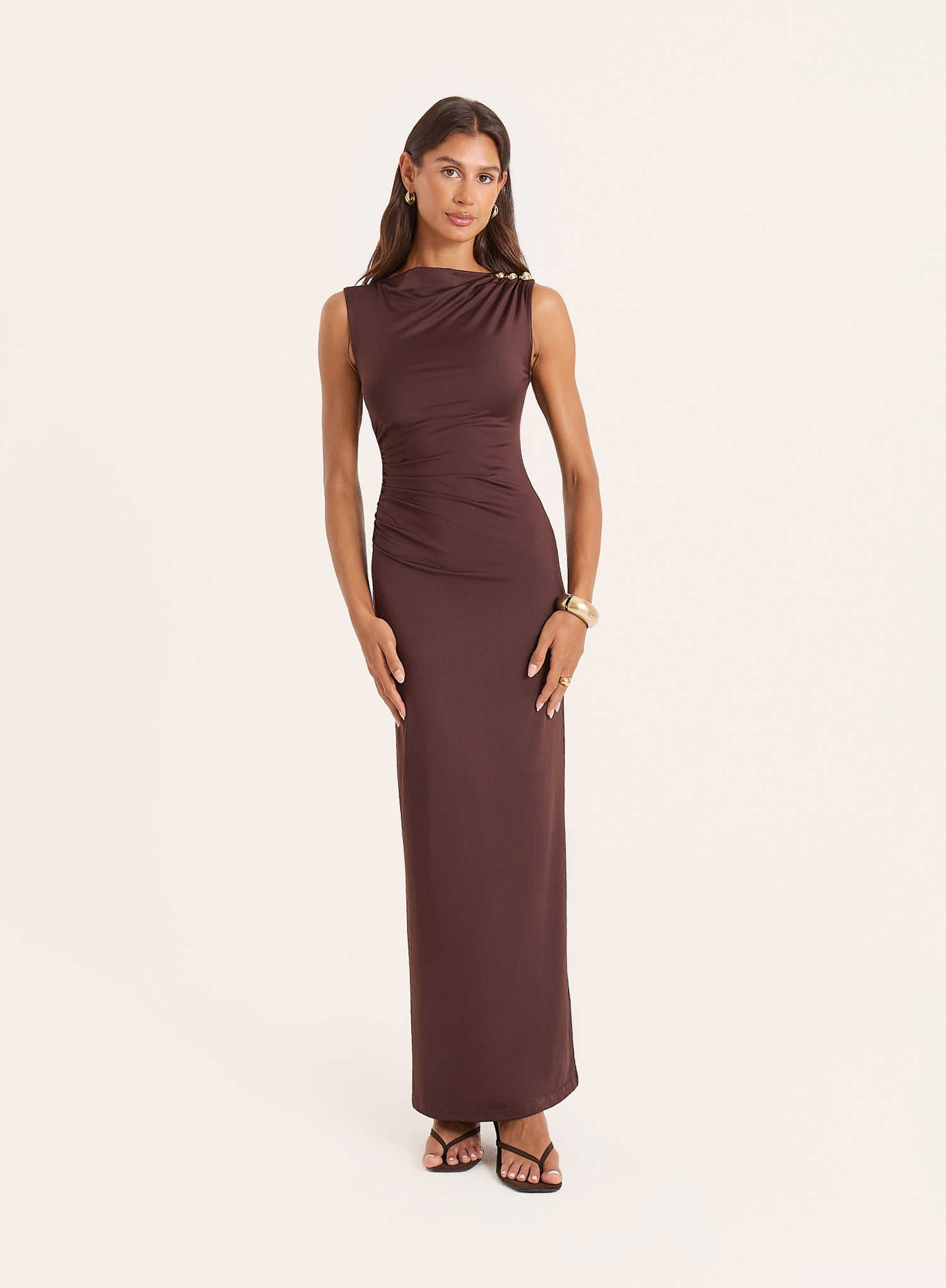 Chocolate Hardware Ruched Maxi Dress