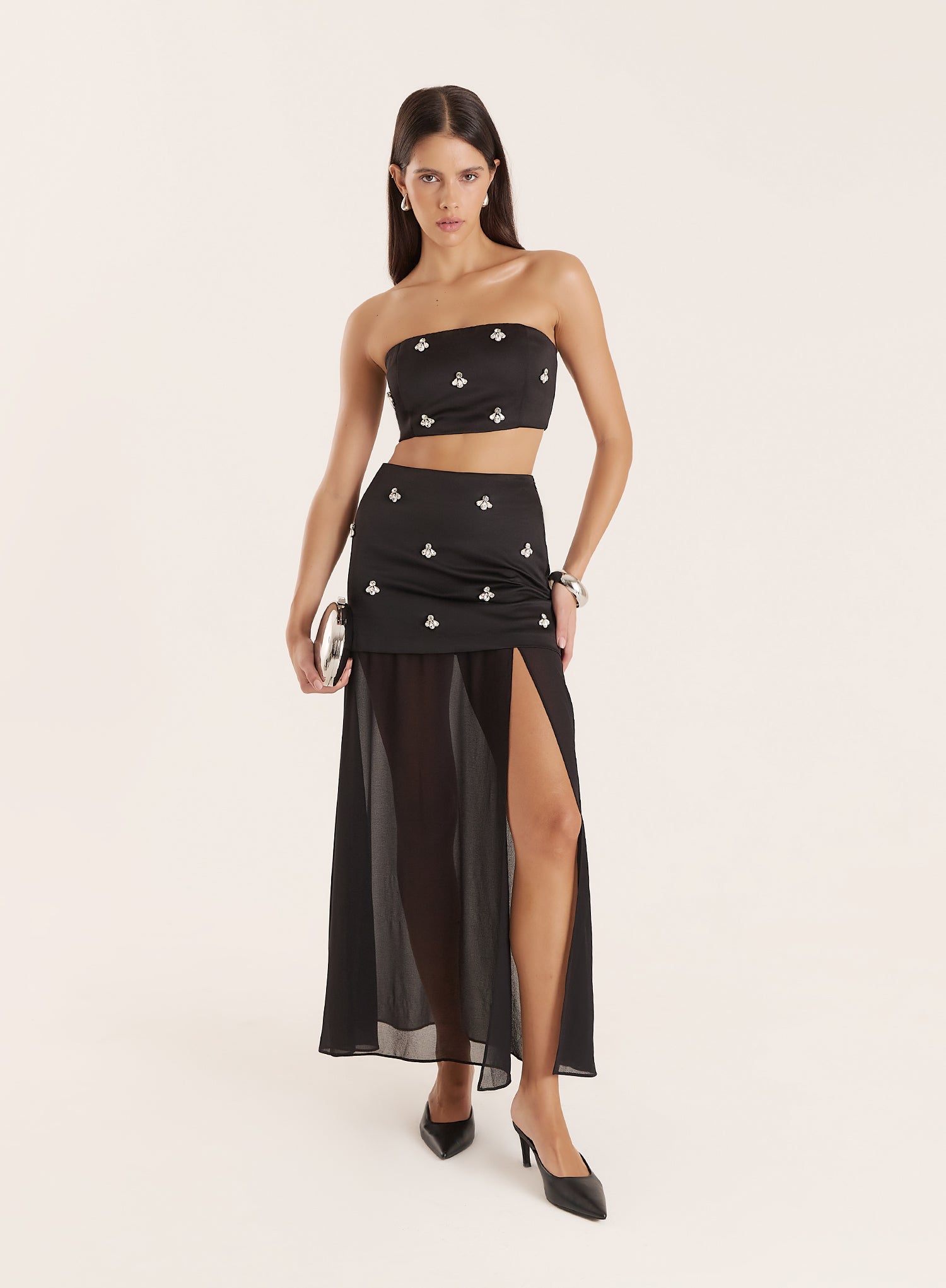 Black Satin Embellished Bandeau Crop Top