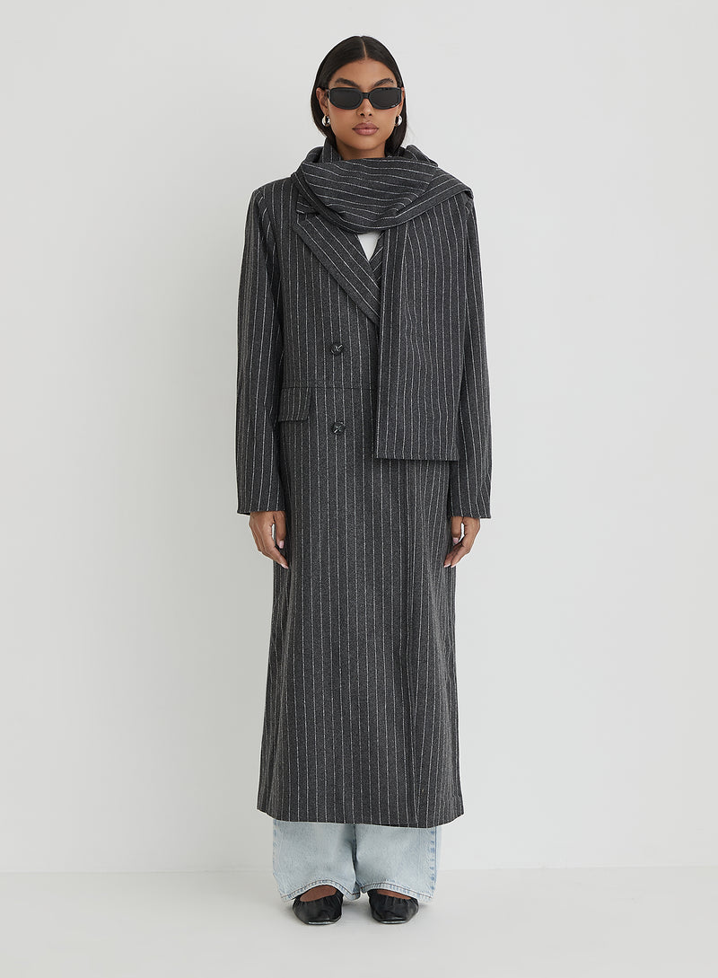 Grey Pinstripe Tailored Maxi Coat With Scarf- Melia