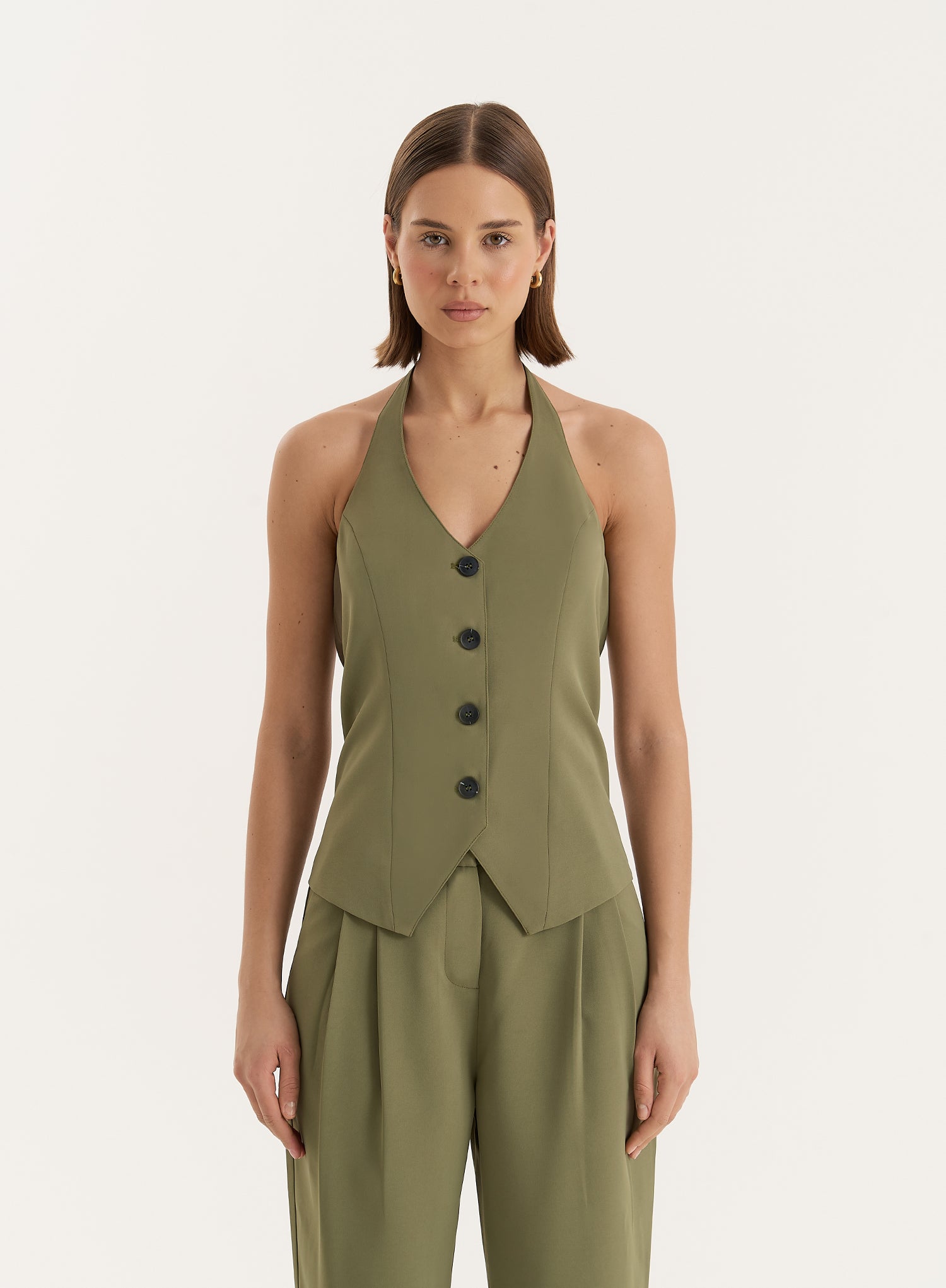 Khaki Tailored Straight Leg Trousers- Sabrina