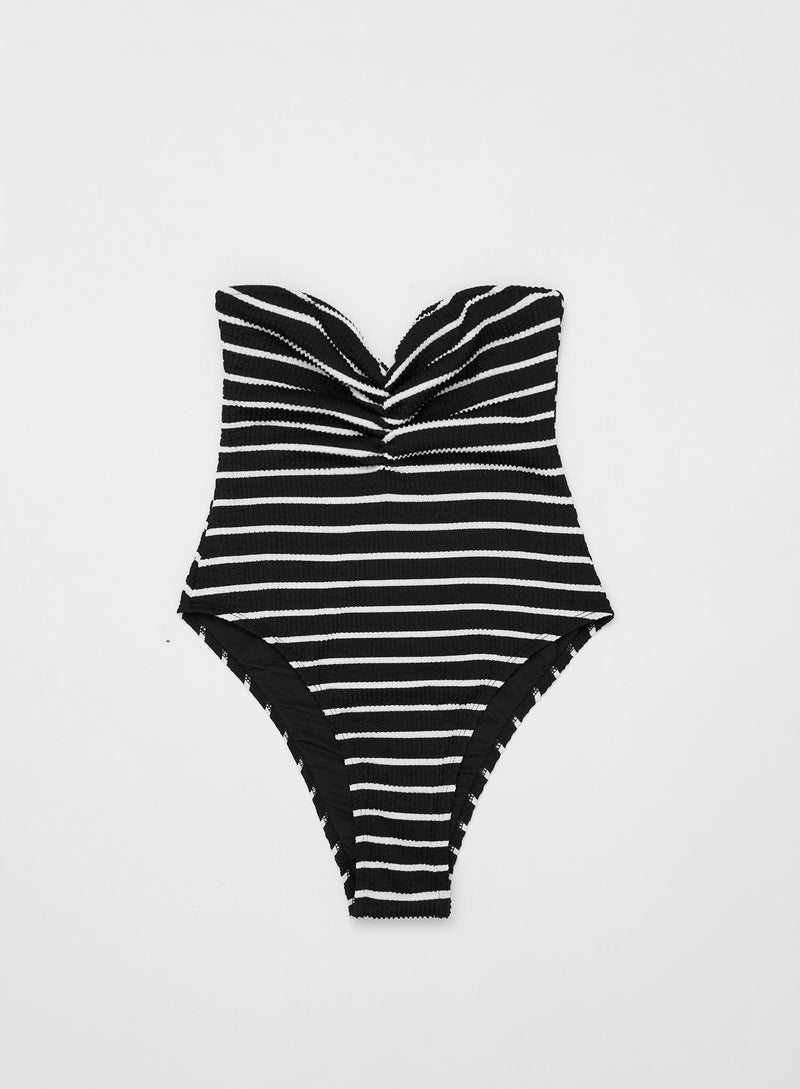 Black And White Stripe Bandeau Swimsuit- Keller