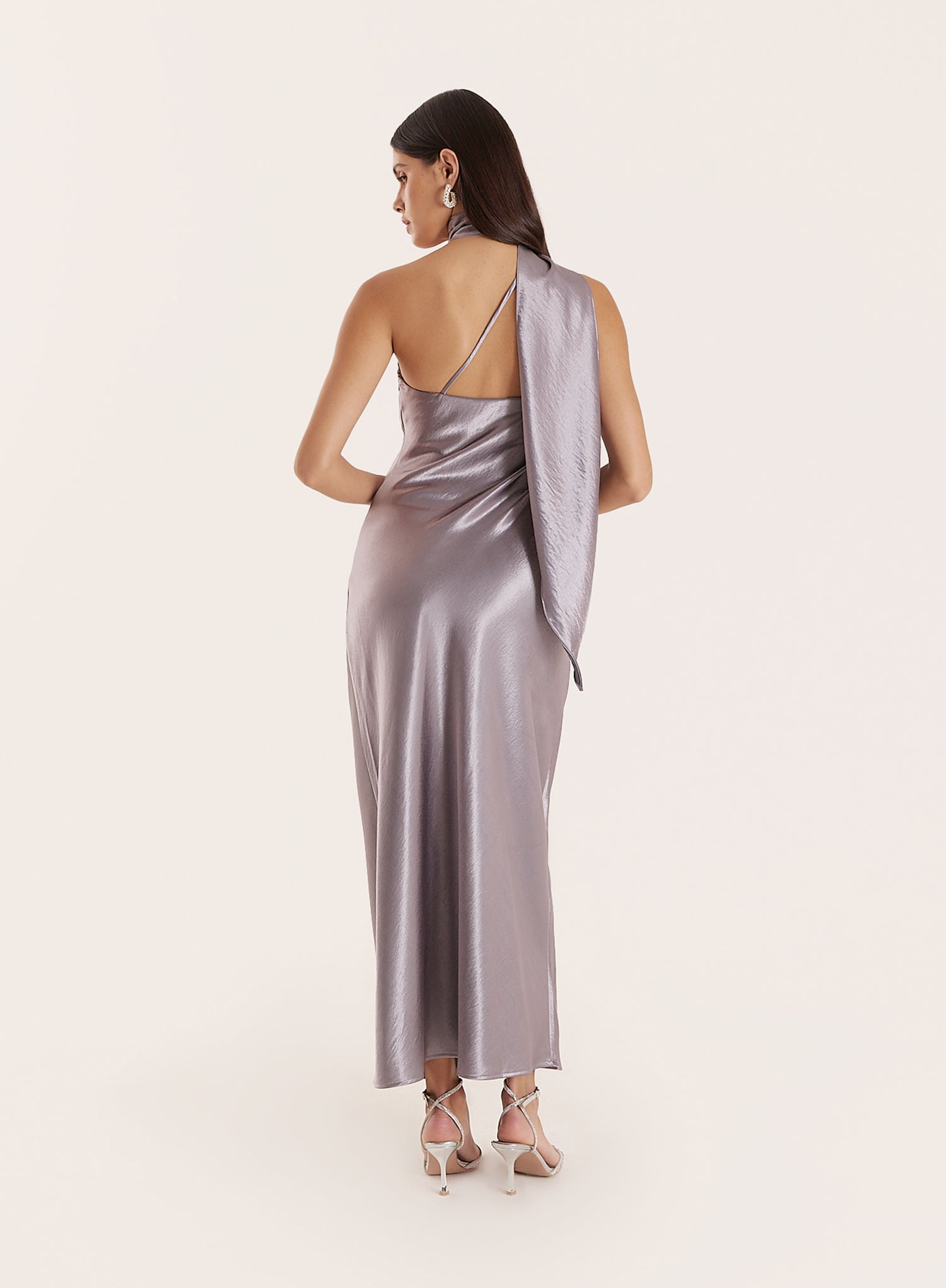 Silver Satin One Shoulder Scarf Neck Maxi Dress