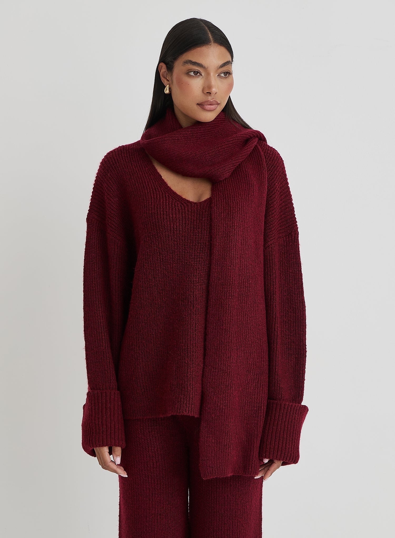 Burgundy Slouchy Knitted Jumper With Scarf - Remy