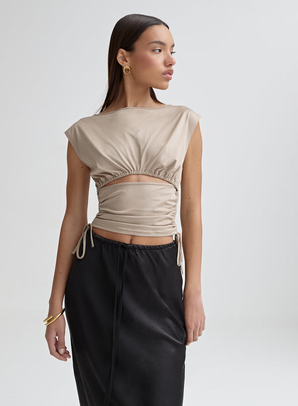 Mocha Ruched Side Cut Out Top- Zami