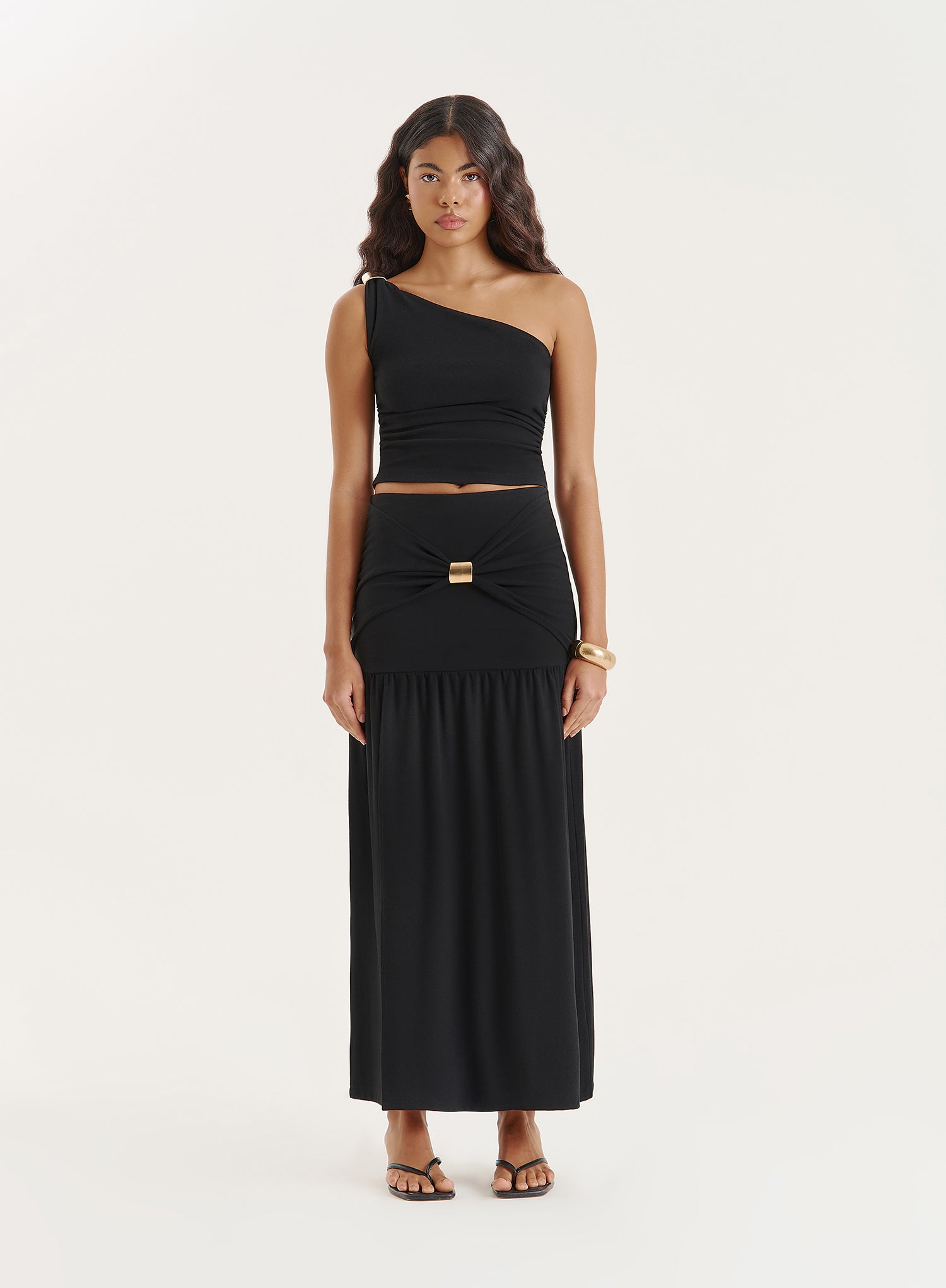 Black Gold Hardware Detail One Shoulder Top- Mai