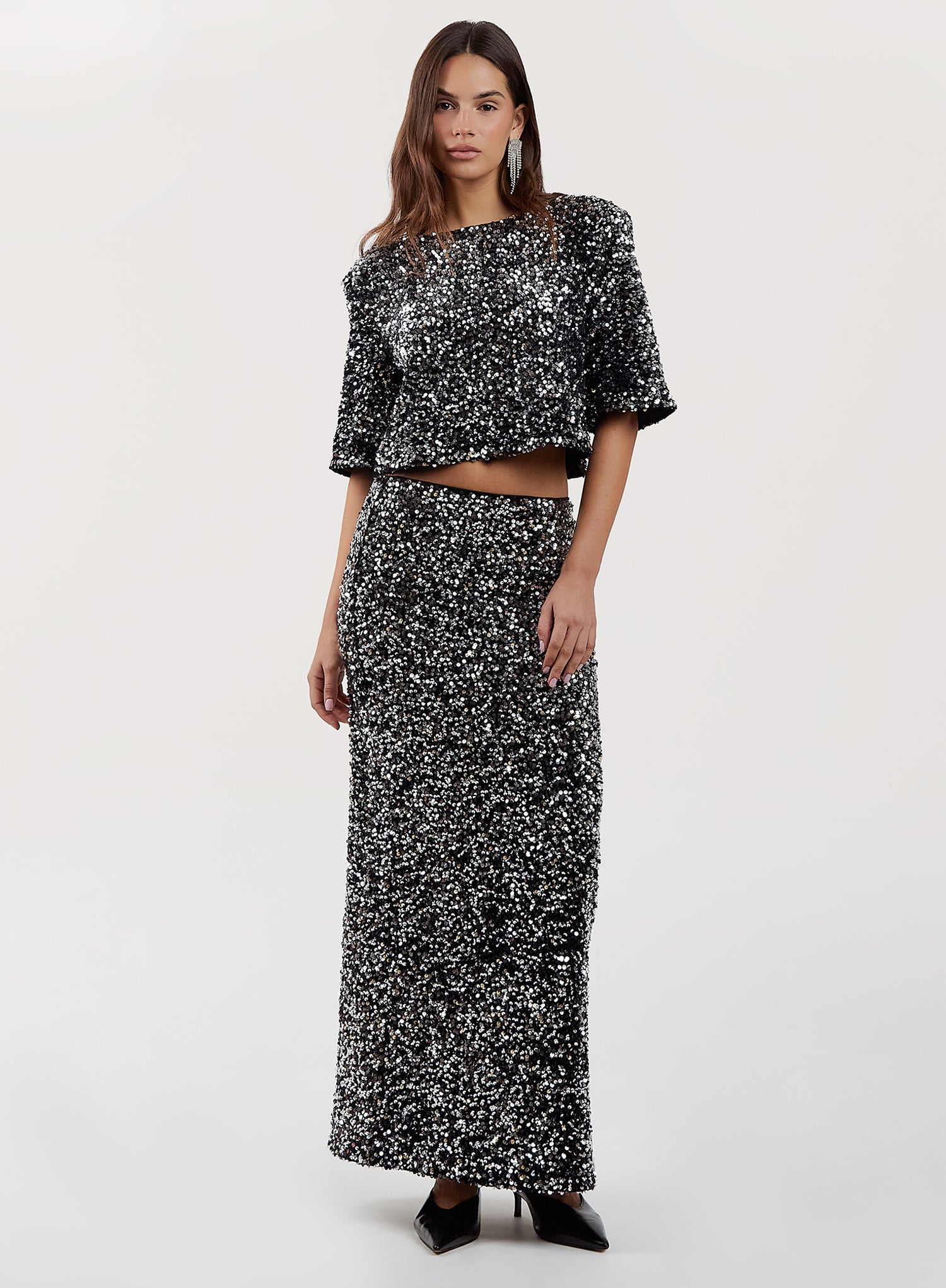 Black Sequin Boxy Crop T-shirt