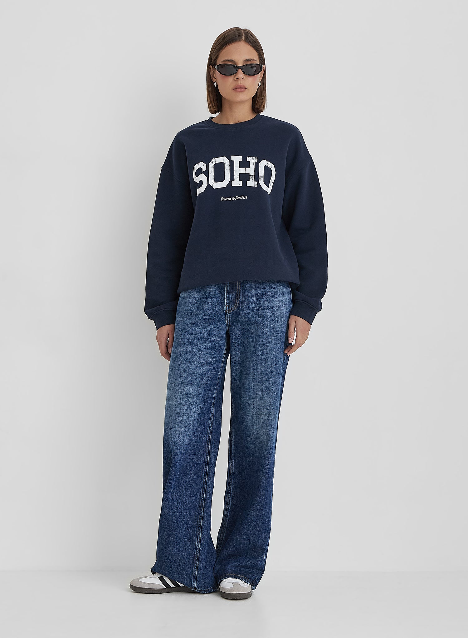 Navy Distressed Soho Slogan Classic Longline Sweatshirt- Bobbi