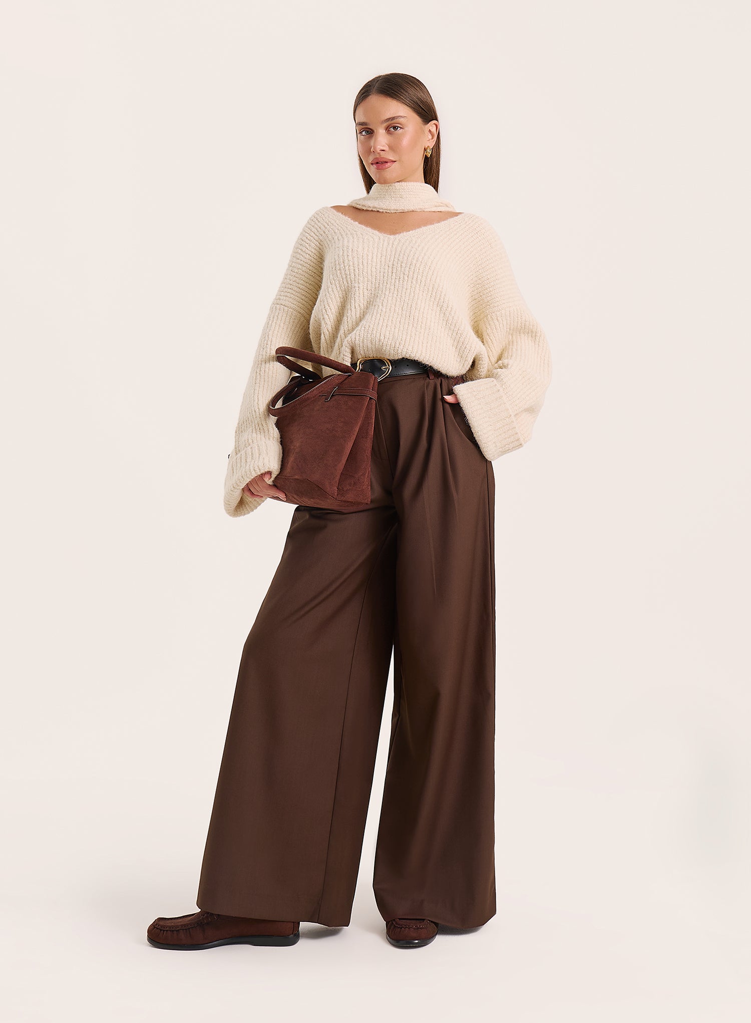 Chocolate Hardware Belt Detail Tailored Trousers