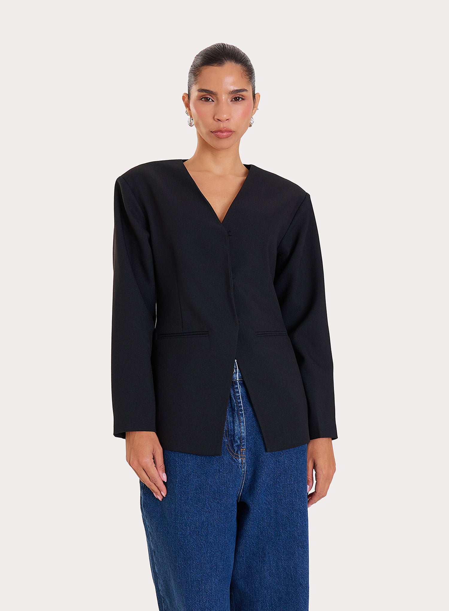 Black Collarless Cinched Blazer