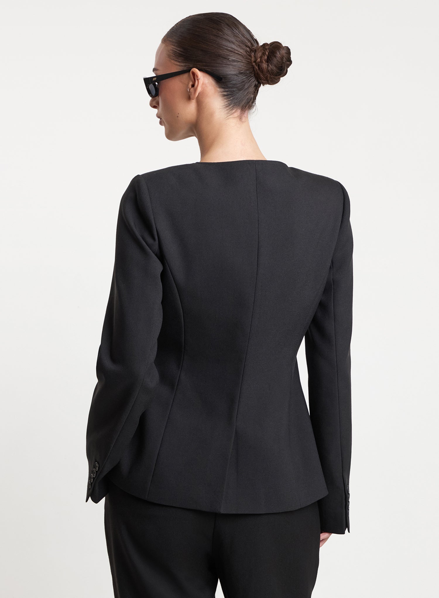 Black Collarless Cinched Waist Tailored Blazer