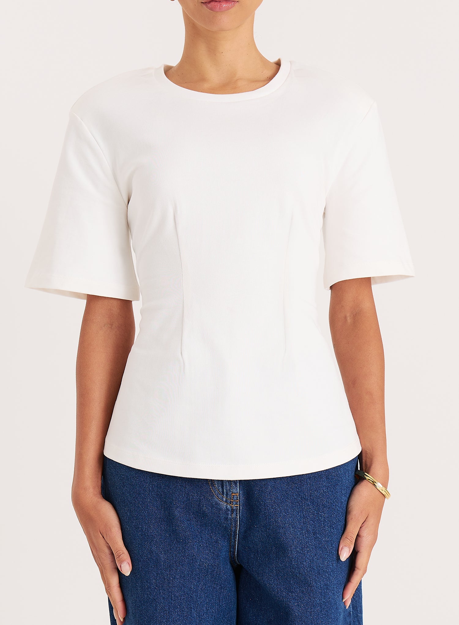 White Shoulder Pad Cinched Waist T-Shirt