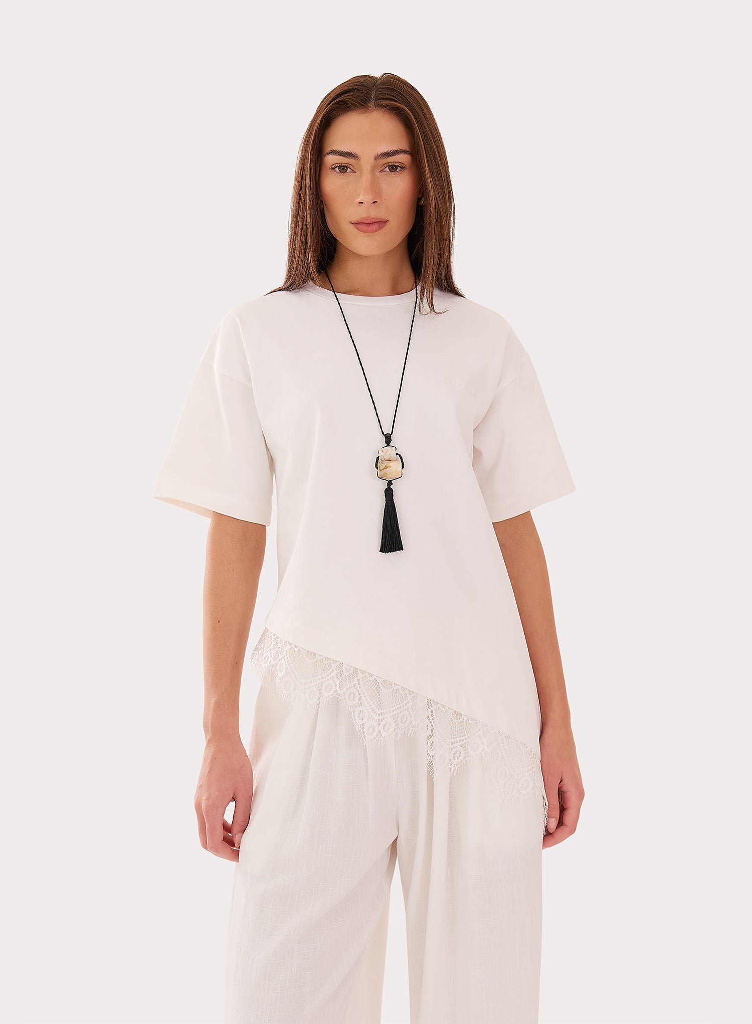 White Asymmetric Lace Hem T-Shirt