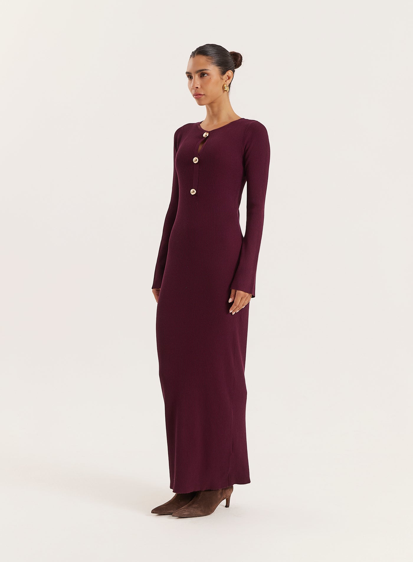 Plum Cut-out Flare Sleeved Knitted Maxi Dress