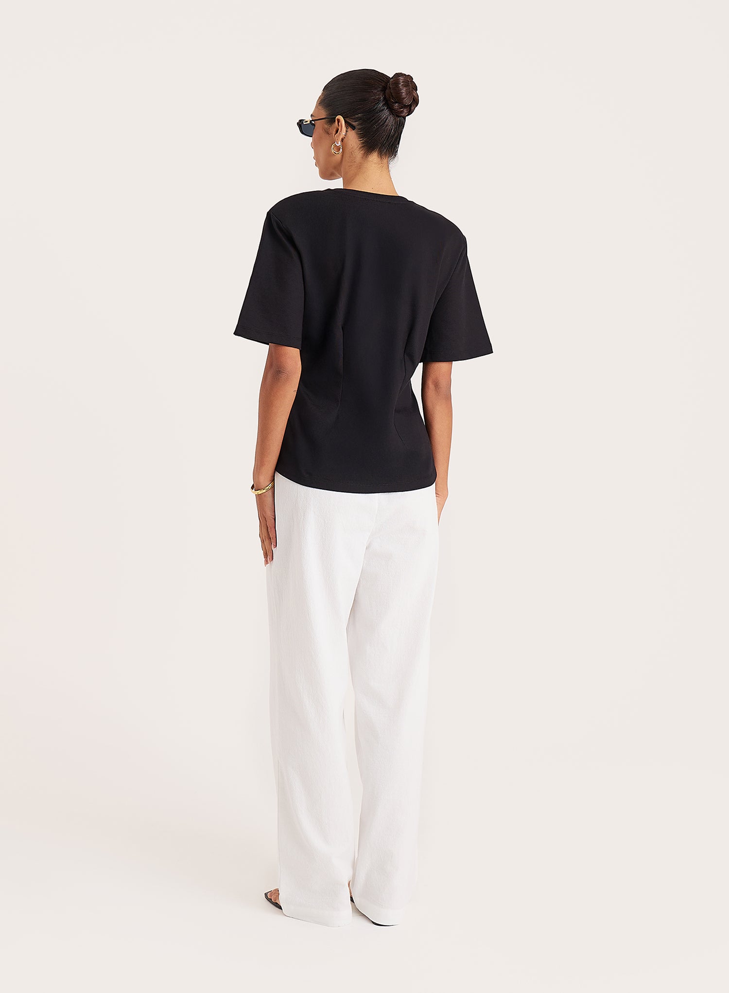 Black Shoulder Pad Cinched Waist T-Shirt
