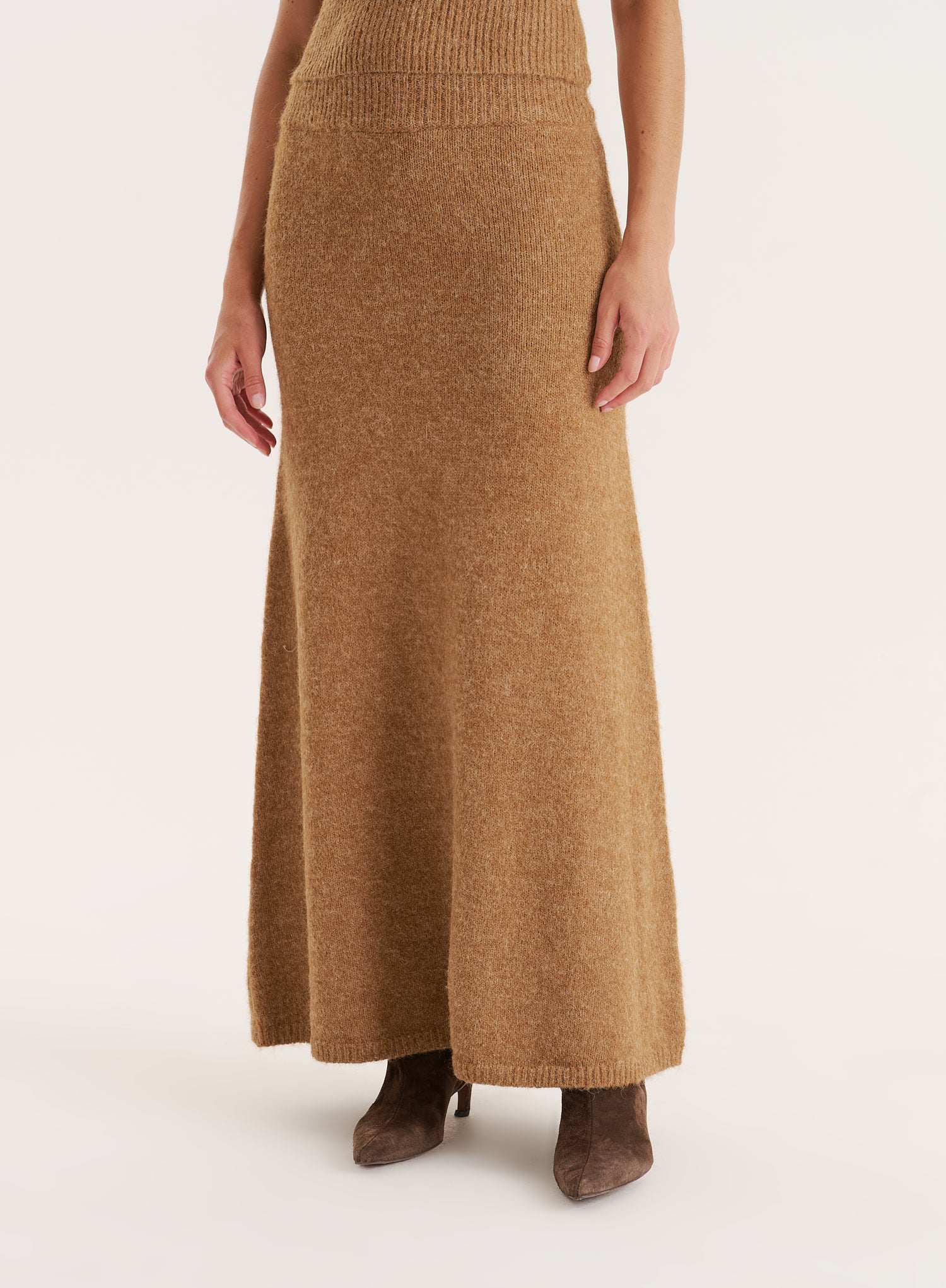 Camel Knitted A-Line Maxi Skirt