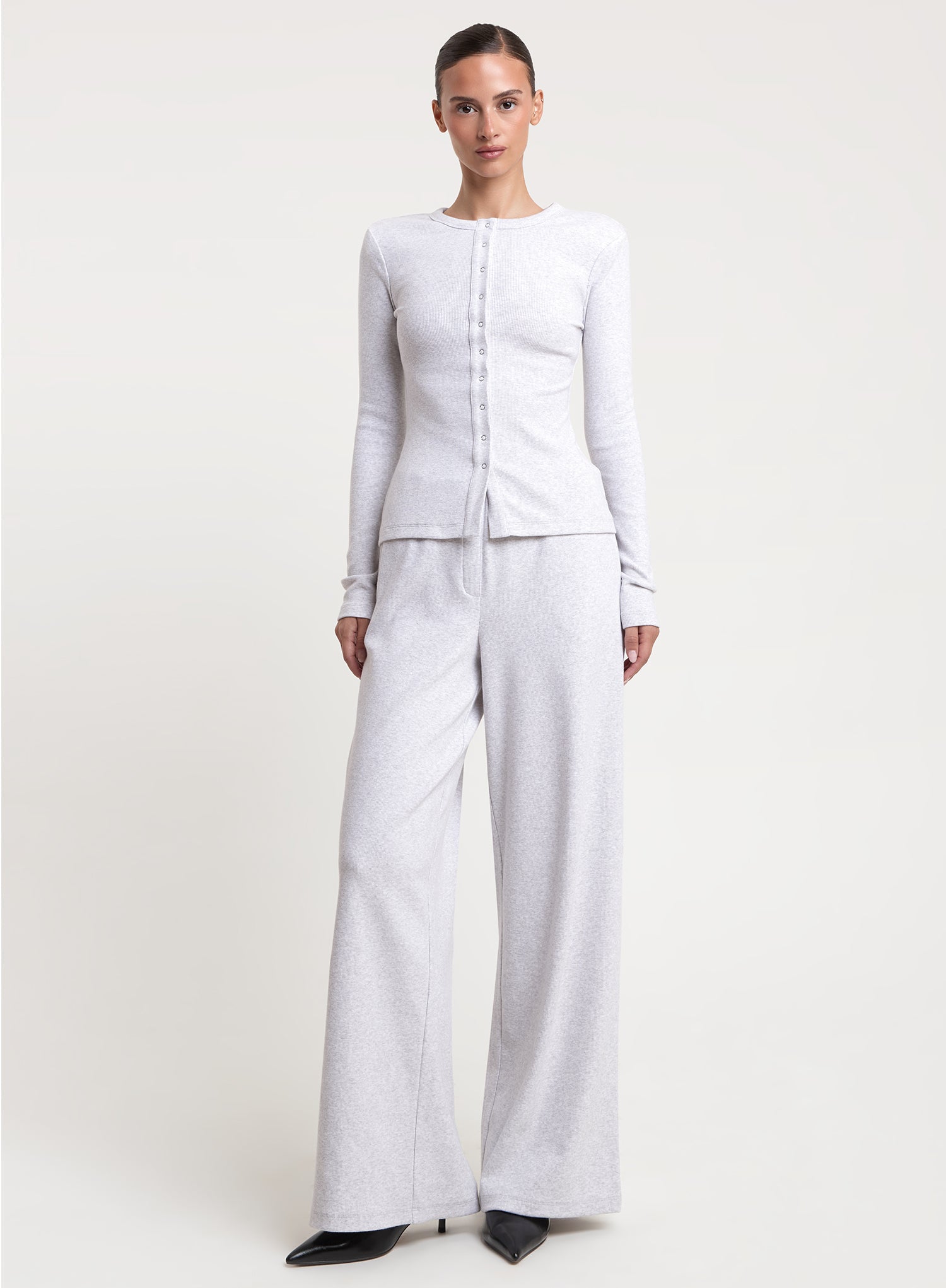 Grey Ribbed Long Sleeve Popper Front Top