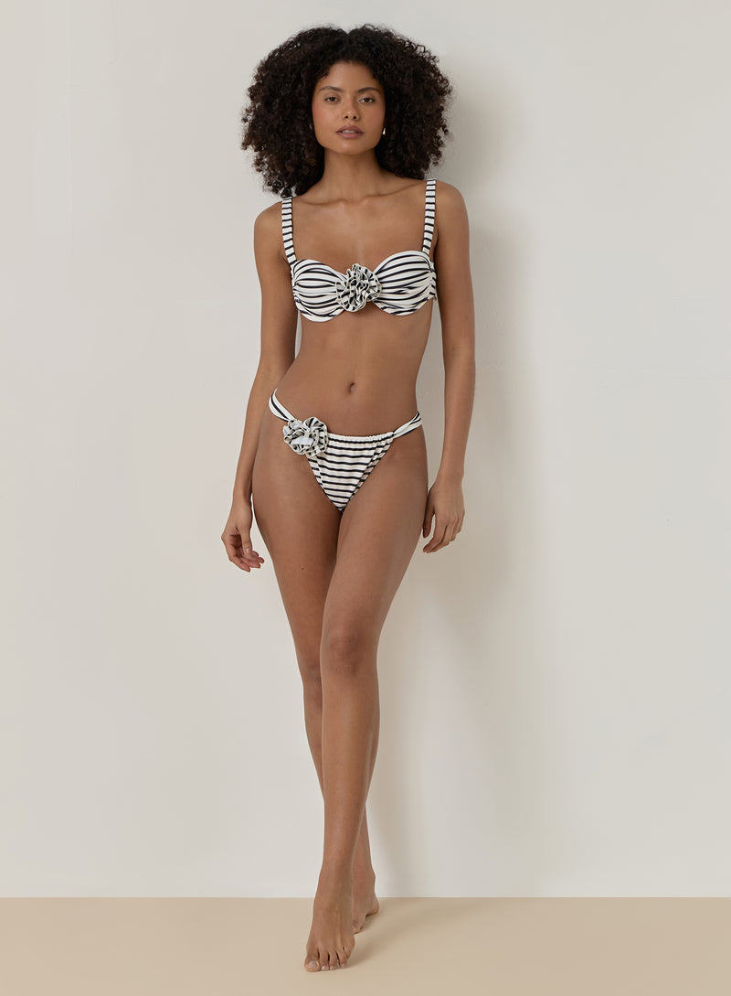Black And White Stripe Rosette High Leg Bikini Bottom- Monaco