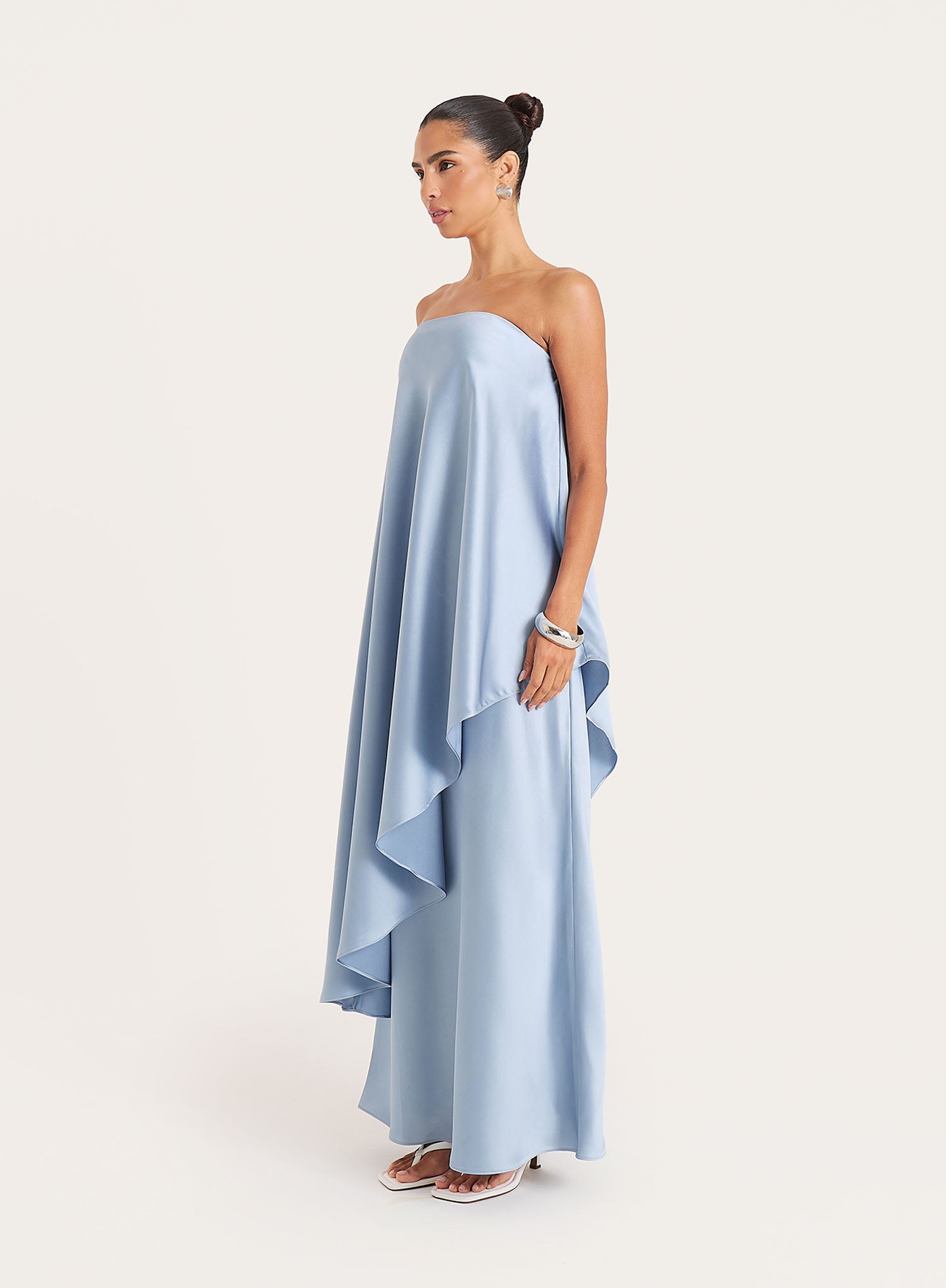 Blue Asymmetric Bandeau Satin Maxi Dress